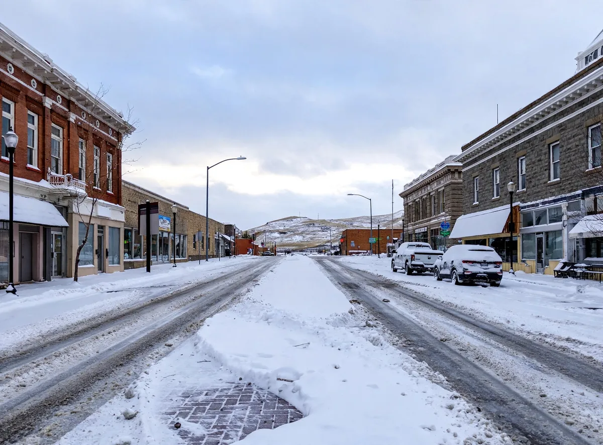 Downtown Rawlins street in snow with historic brick buildings