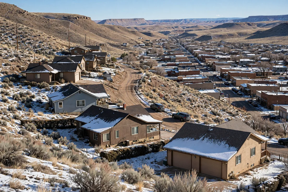 Hillside homes above downtown Rock Springs in winter snow