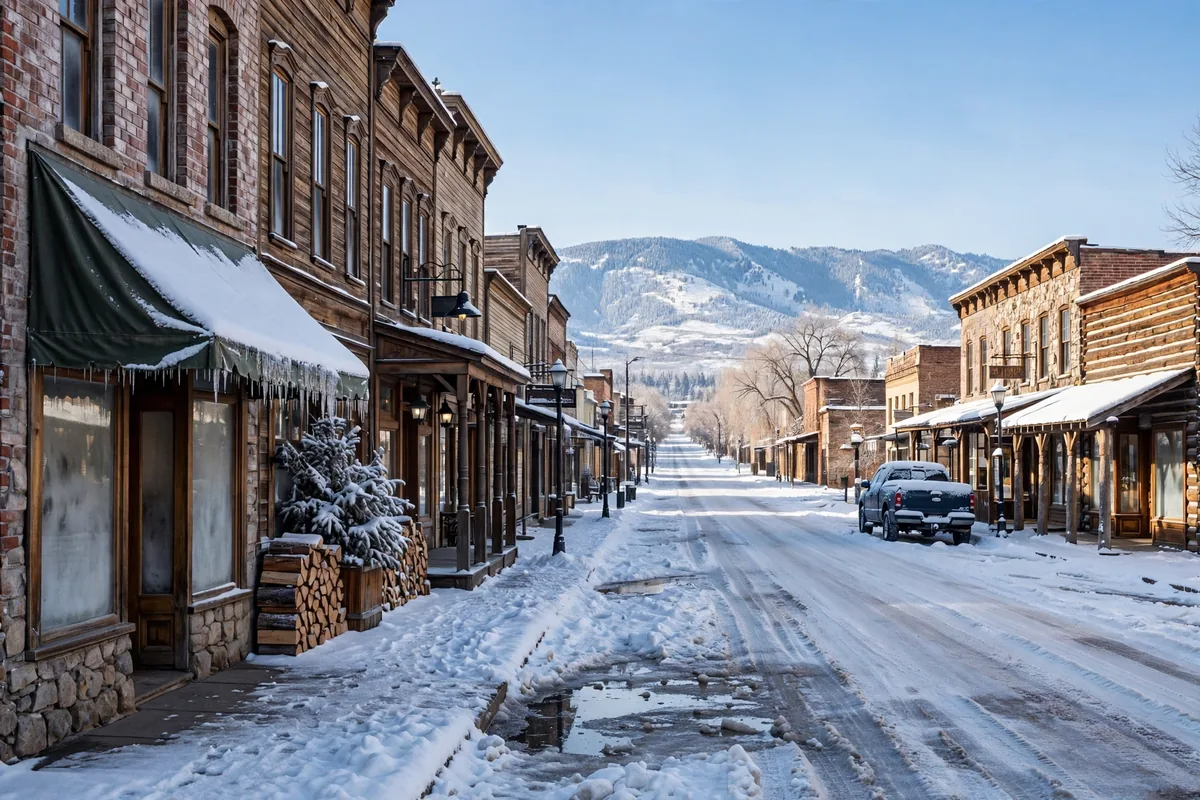 Western main street in Sheridan in snow with mountains behind
