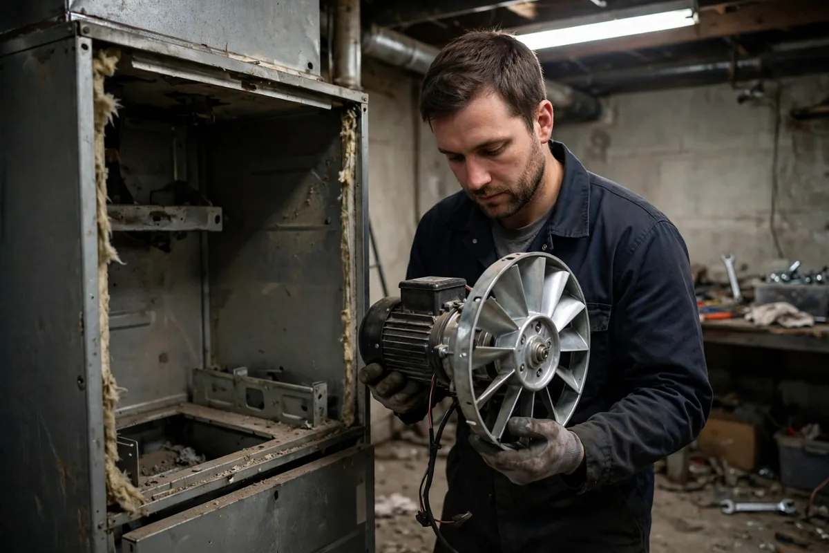 Technician holding a blower motor and fan wheel beside an open furnace cabinet