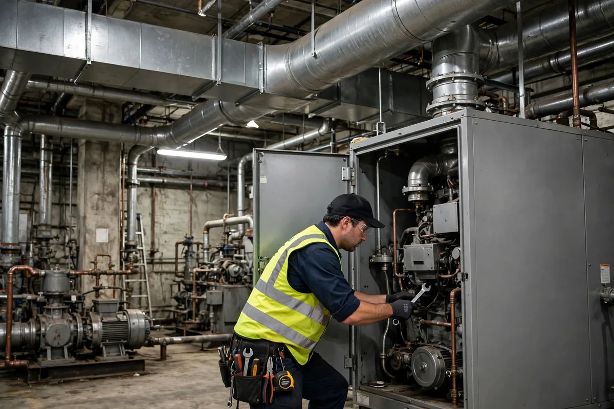 Technician in a high-visibility vest servicing a large commercial furnace in a mechanical room