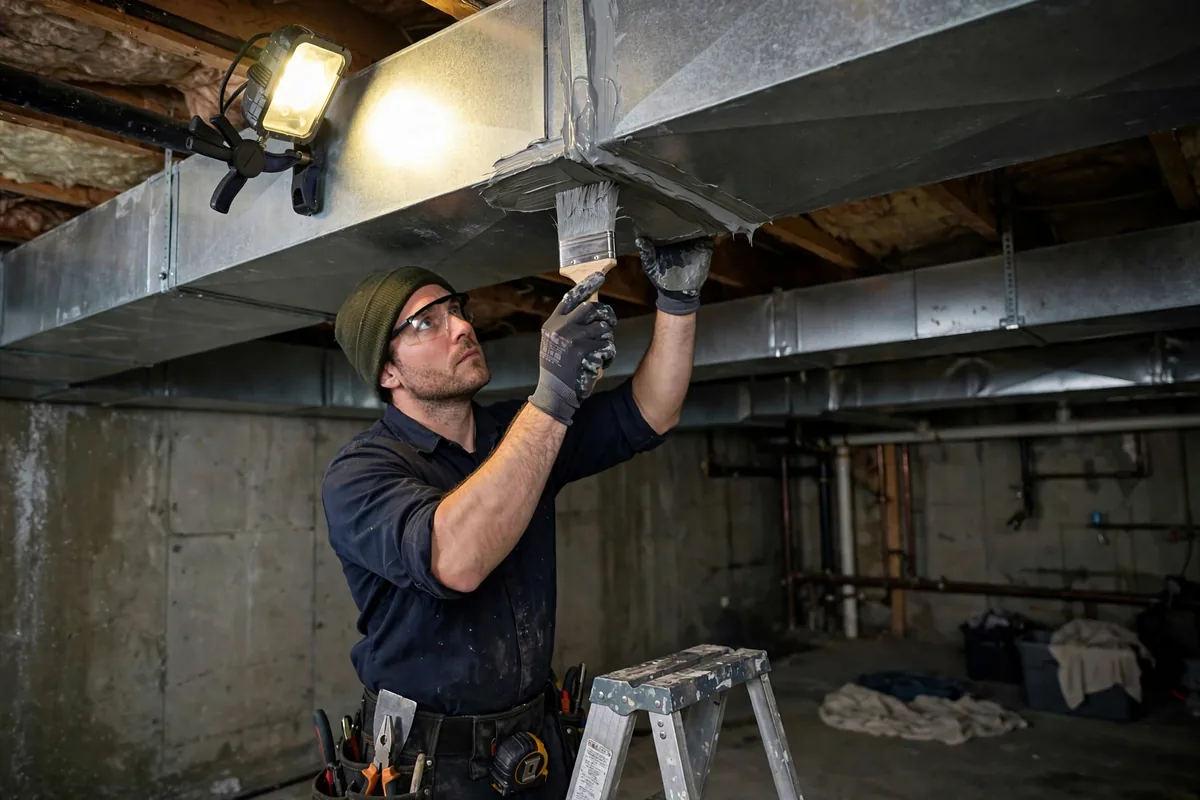 Technician brushing sealant on a duct joint