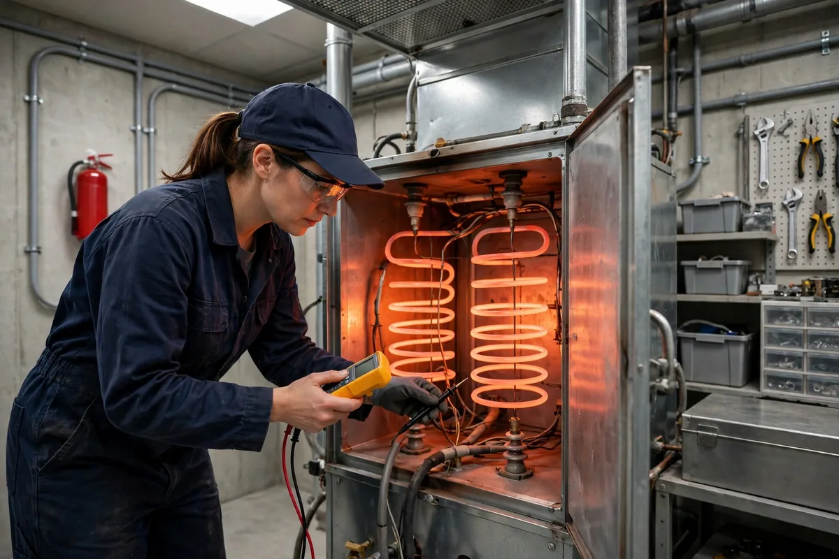 Technician testing glowing heating elements with a multimeter