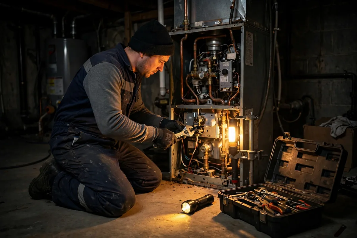 Technician kneeling at an open furnace with a wrench and flashlight in a basement at night