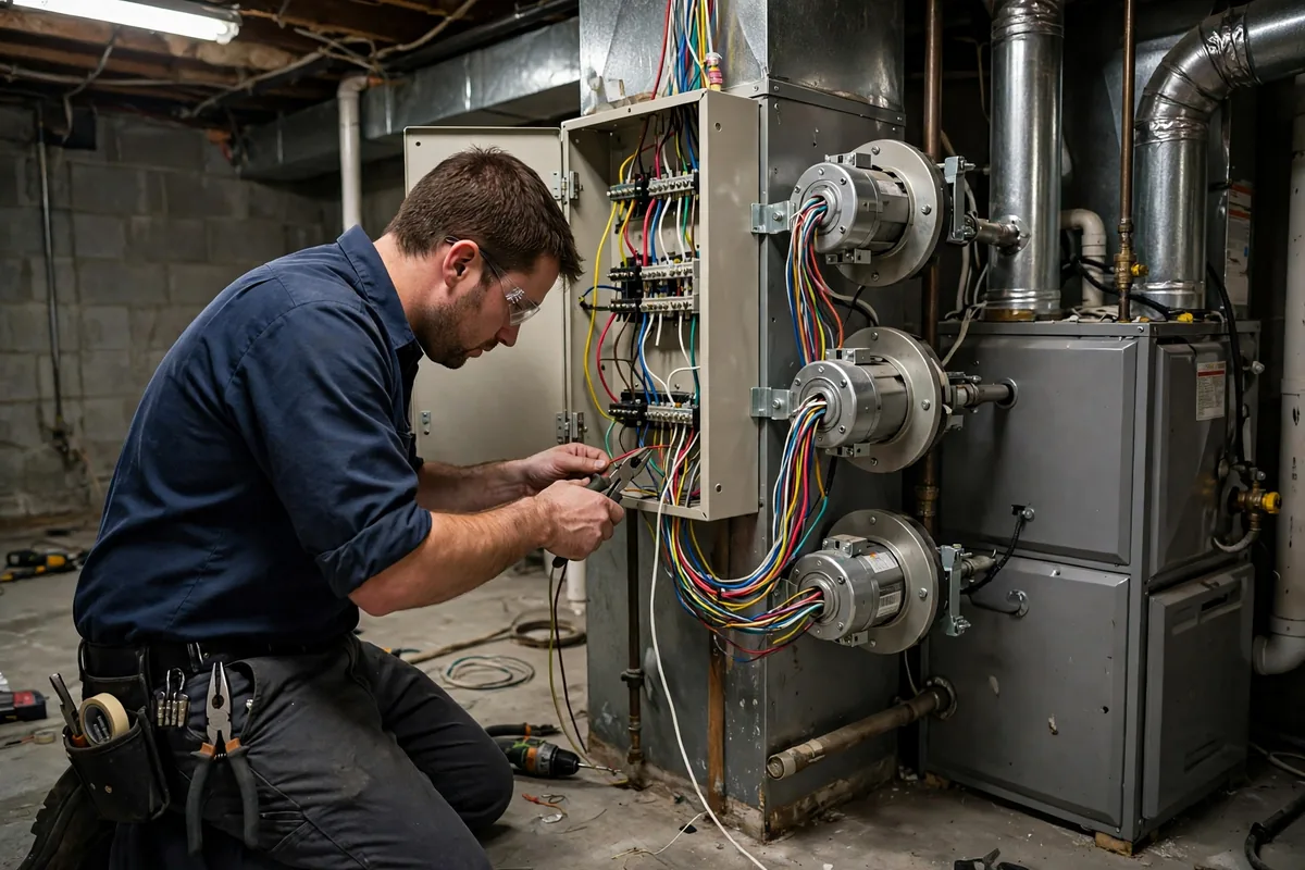Technician wiring a zone control panel with colored wires and damper motors