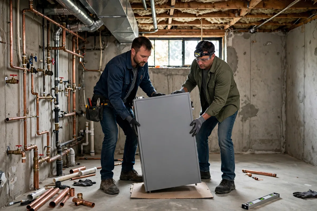Two installers positioning a new gray furnace beside copper pipes