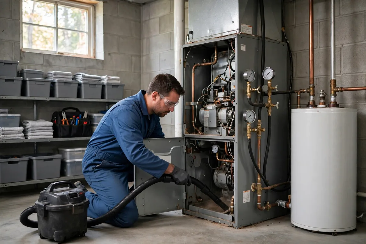 Technician vacuuming an open furnace with gauges nearby