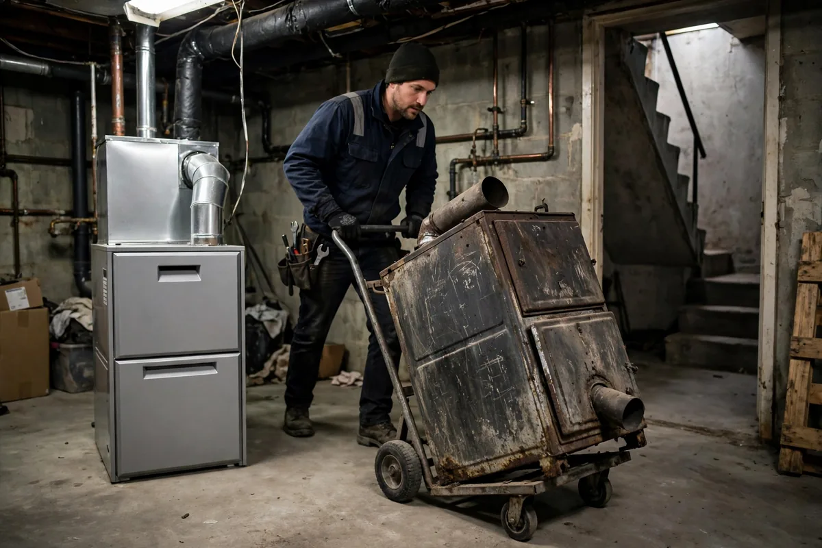 Technician wheeling an old rusted furnace on a dolly beside a new furnace