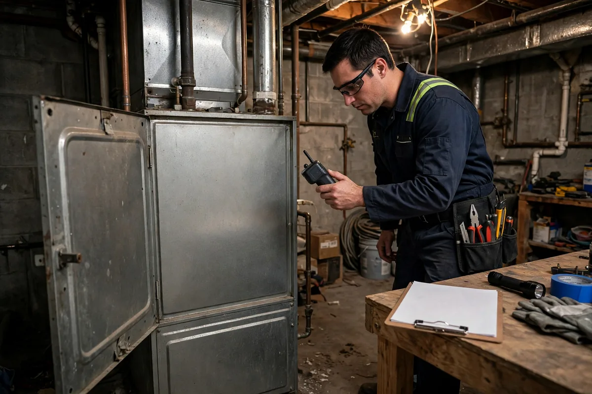 Technician holding a carbon monoxide detector near an open furnace with a clipboard