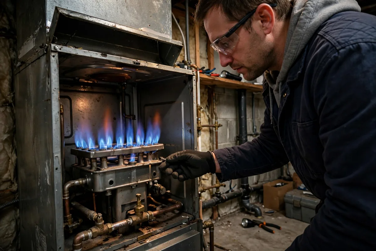 Technician examining blue burner flames in an open gas furnace