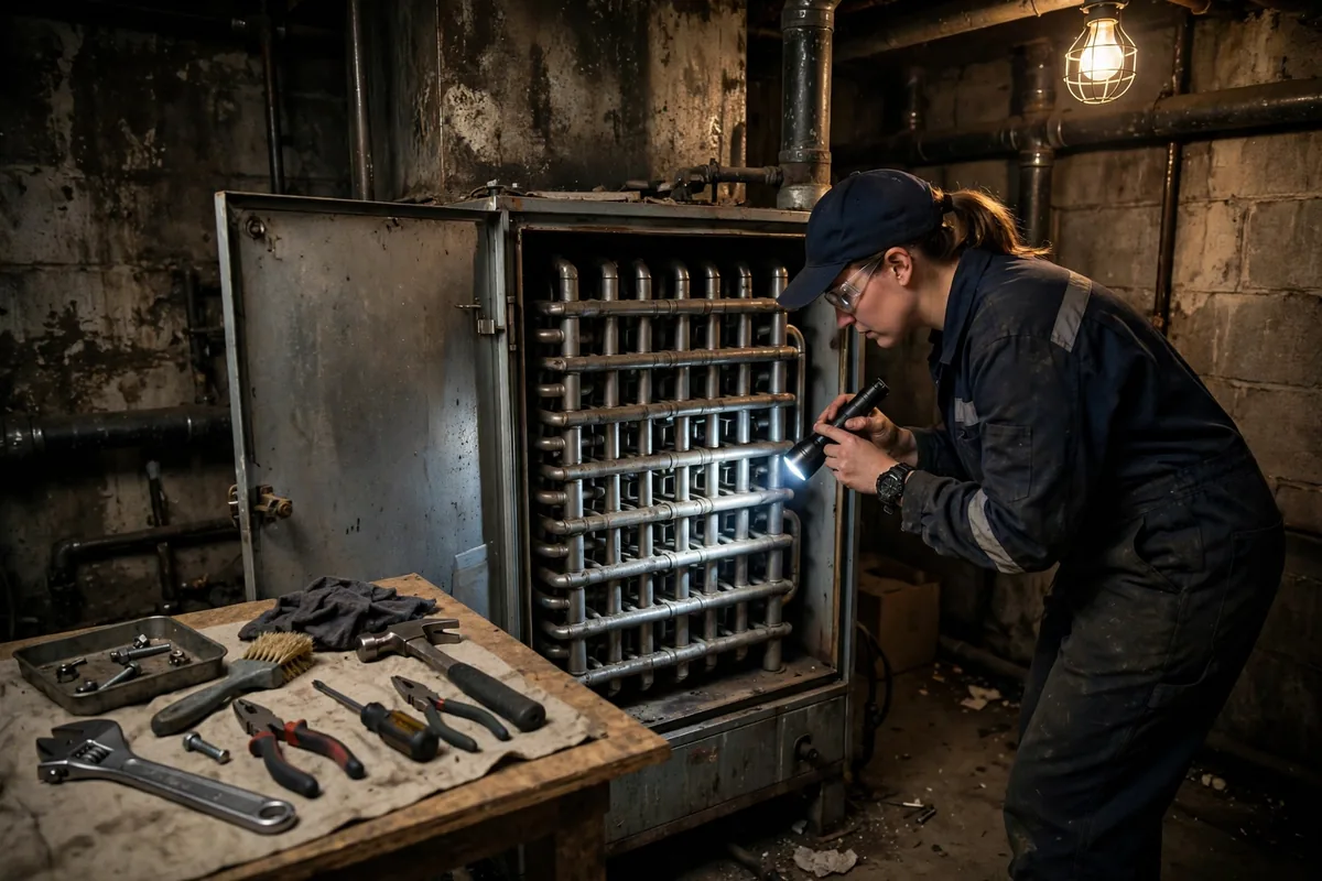Technician with a flashlight examining heat exchanger tubes