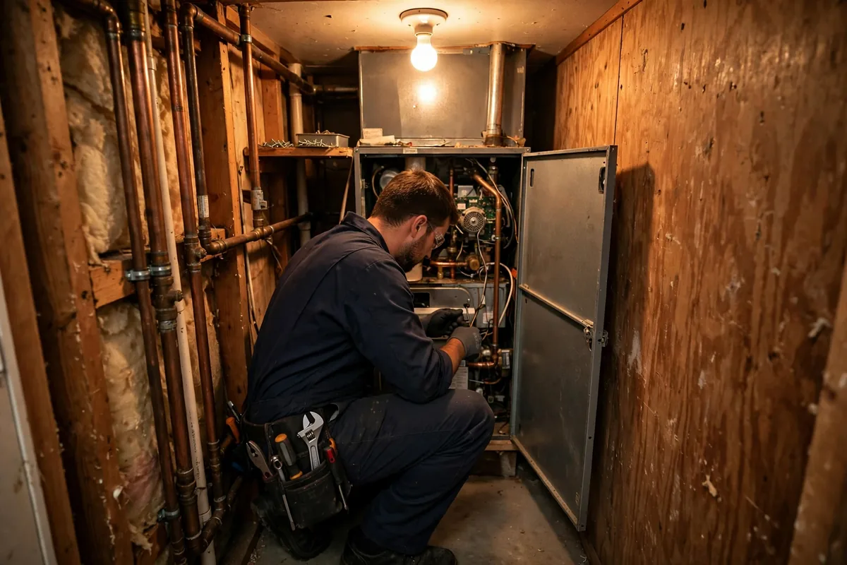 Technician servicing a compact furnace in a tight utility closet