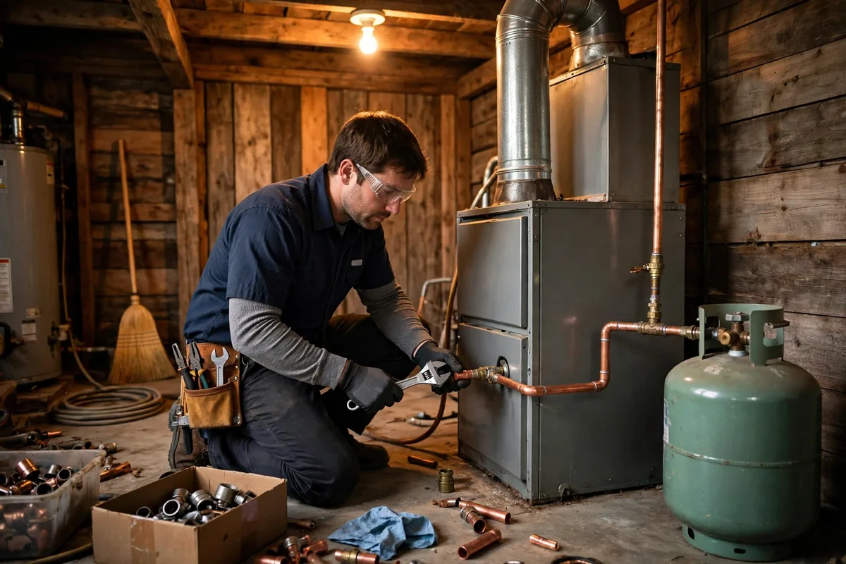 Technician working on a furnace fuel line with a propane tank beside it