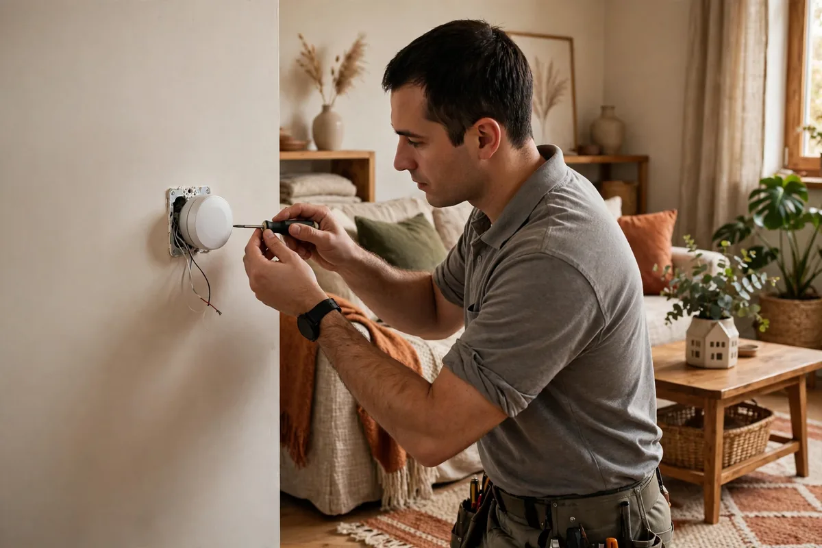 Technician installing a round wall thermostat in a living room