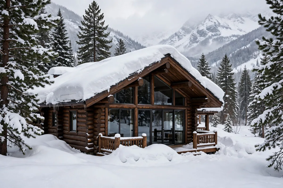 A log cabin in a snowy mountain valley with deep snow on the roof and large glass walls
