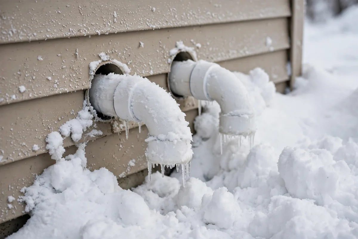Furnace vent pipes on the side of a house with snow piled against them