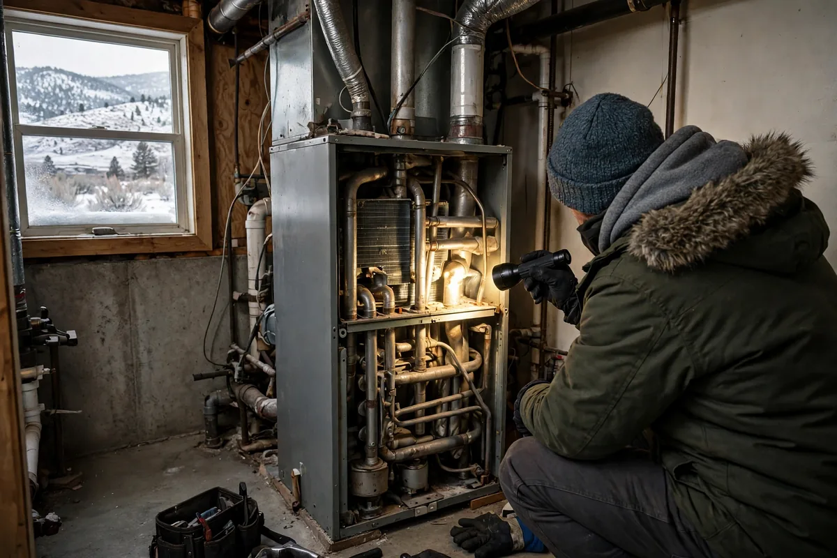 Technician inspecting an open furnace with a flashlight, snowy foothills visible through the window