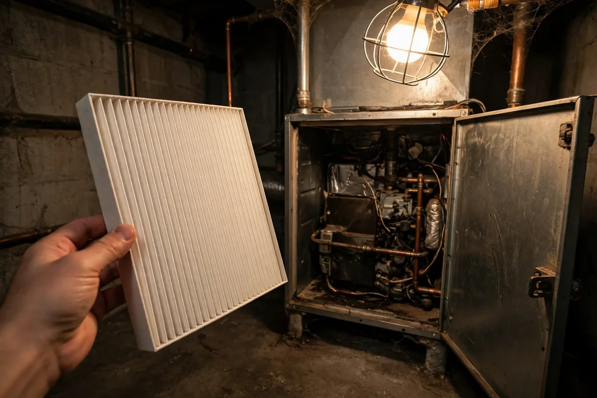 A hand holding a clean pleated furnace filter beside an open furnace cabinet