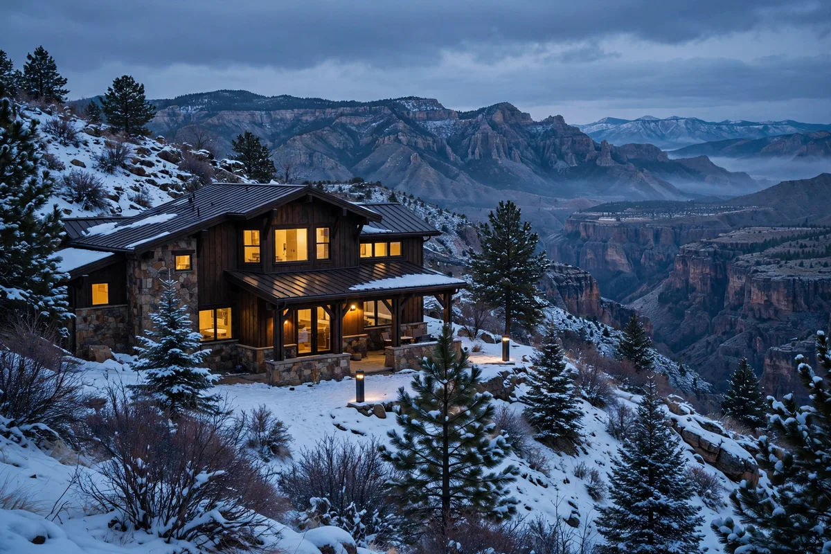 A foothill home at dusk in winter snow with warm light in the windows and mountains behind