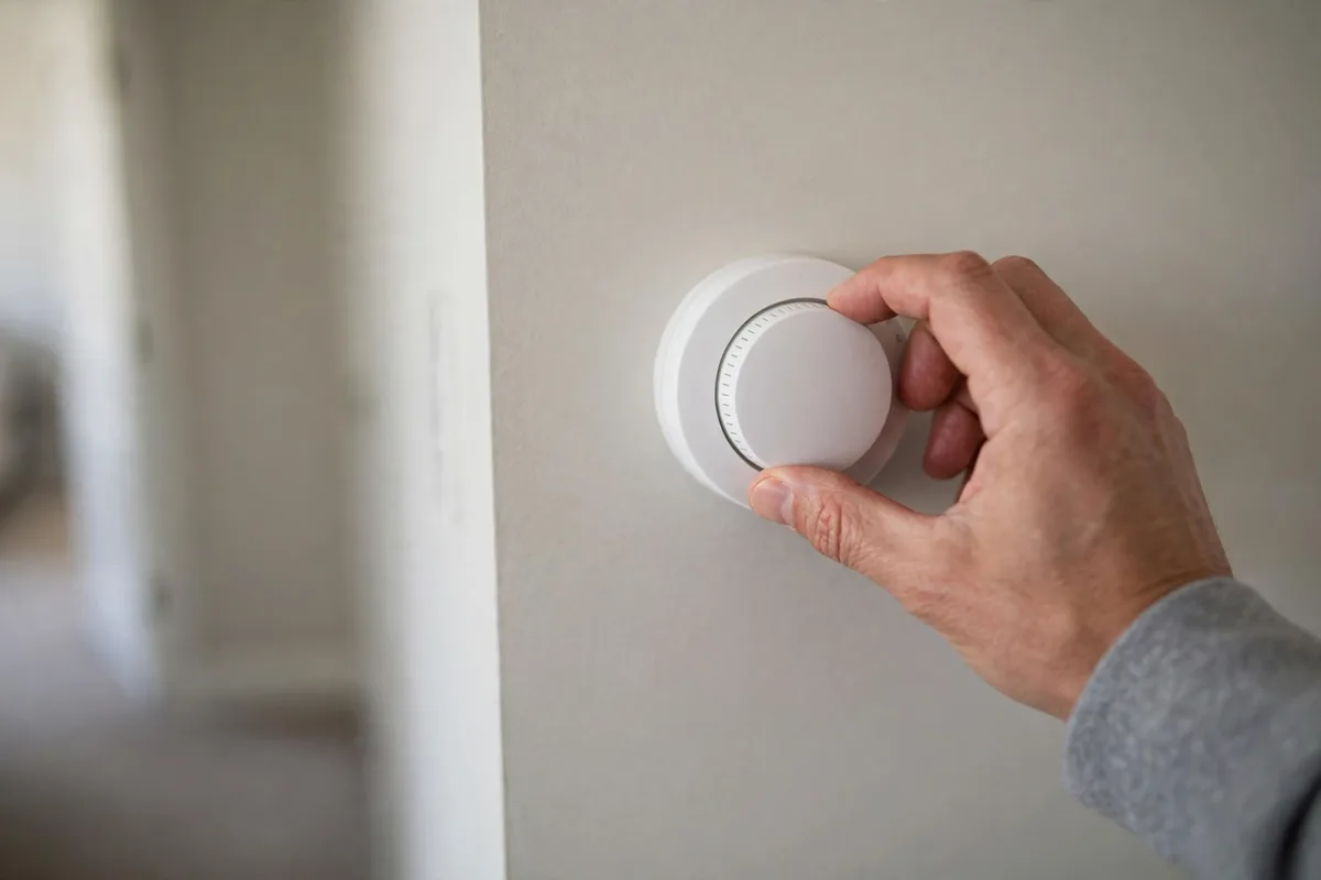 A hand turning a plain round wall thermostat in a Laramie home