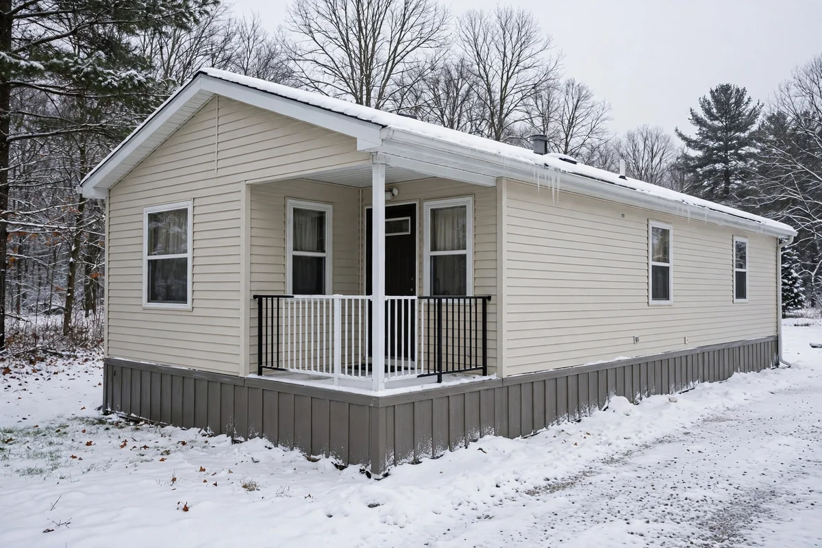 A manufactured home in winter snow with skirting along its base