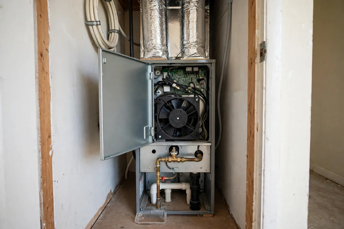 A compact furnace with its panel open inside a small utility closet