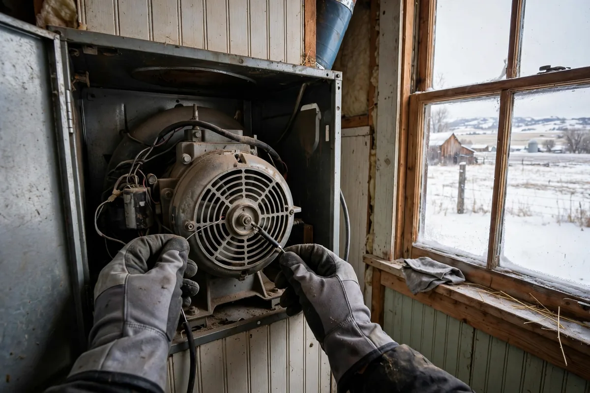Gloved hands working on a furnace blower motor, snowy farm fields visible through the window