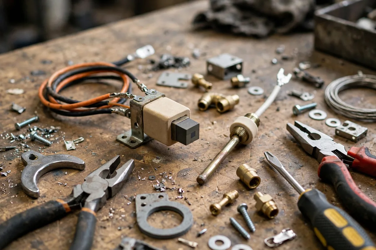 Small furnace parts and hand tools on a workbench, including an ignitor and a flame sensor
