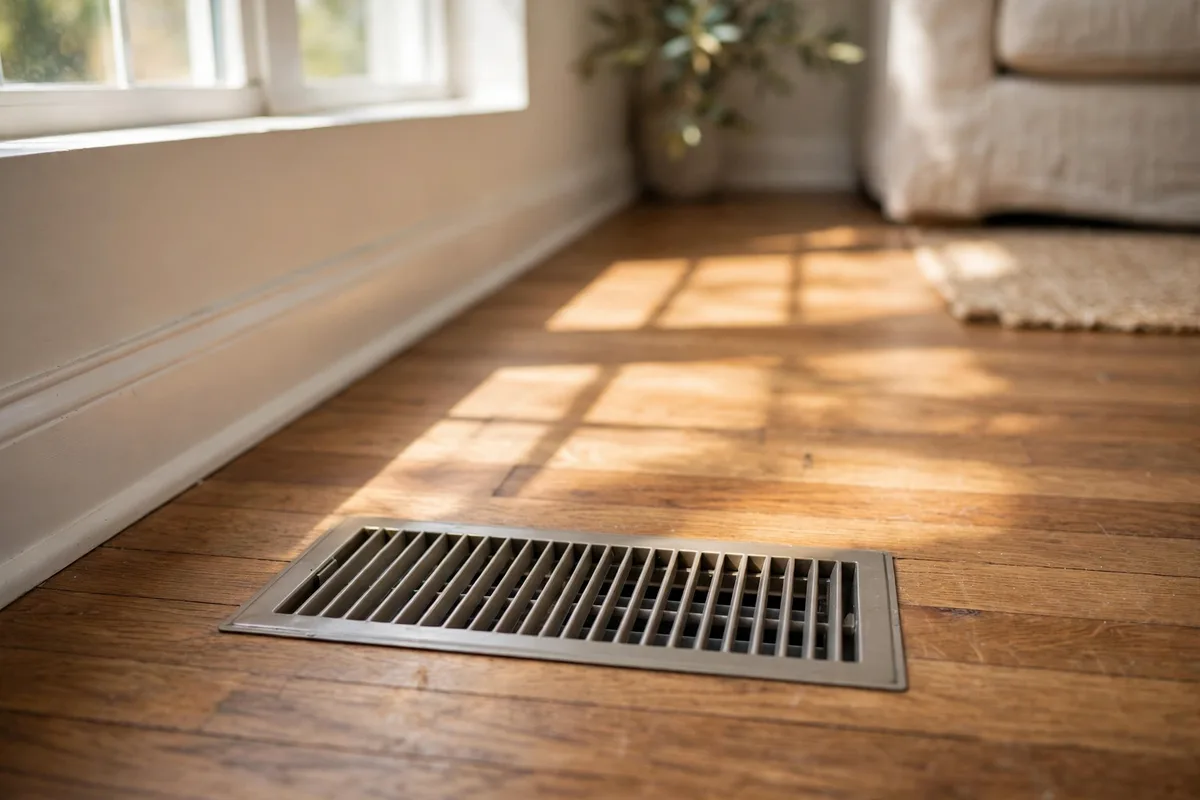 A warm air floor register in a sunlit home living room with a wooden floor