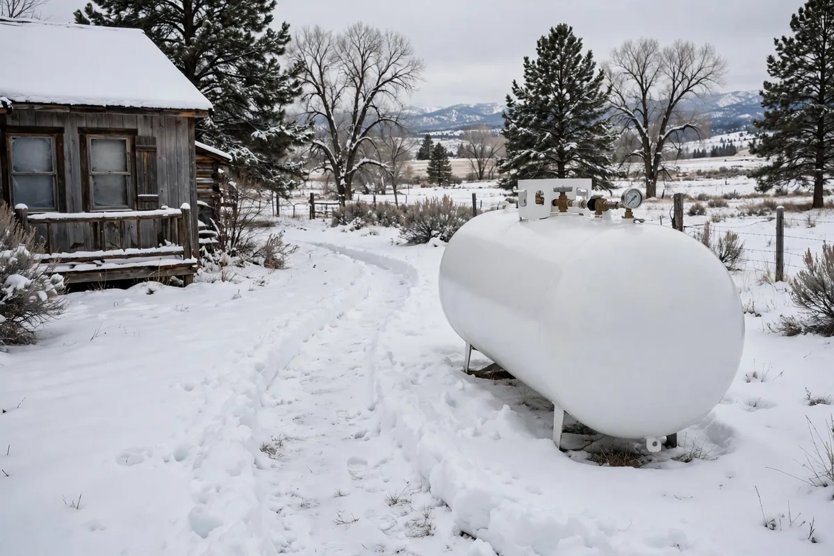 A large white propane tank in the snowy yard beside a rural home in winter