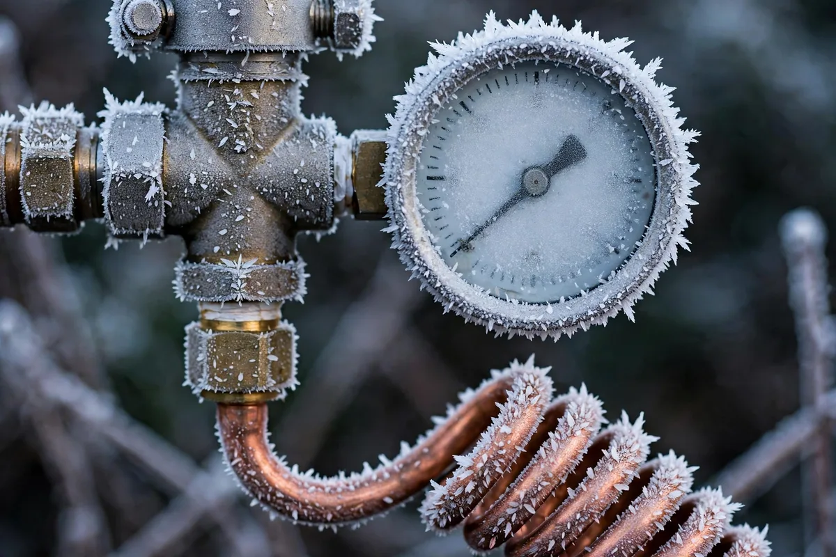 A frost-covered propane regulator and copper supply line with a pressure gauge