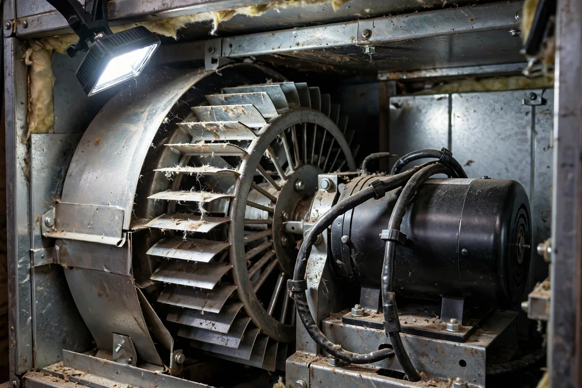 A furnace blower motor and fan wheel inside an open furnace cabinet under work light
