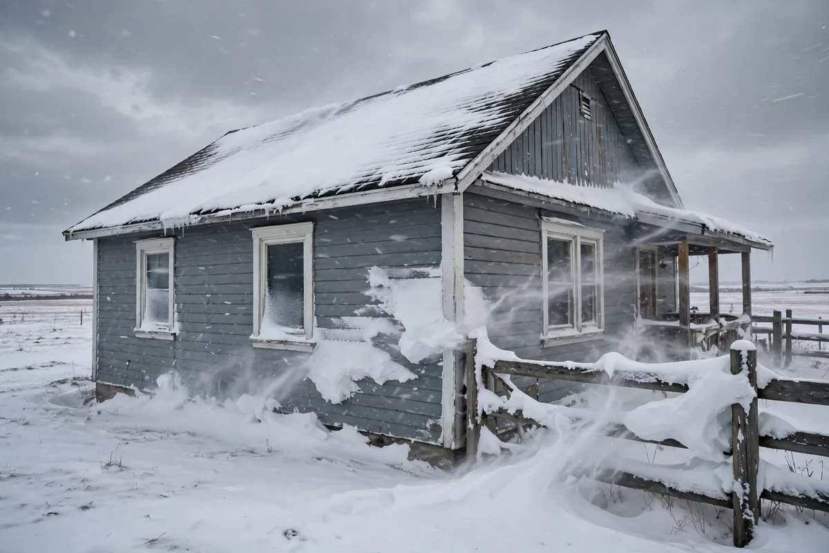 A house exterior in wind-blown snow with snow drifting against the walls