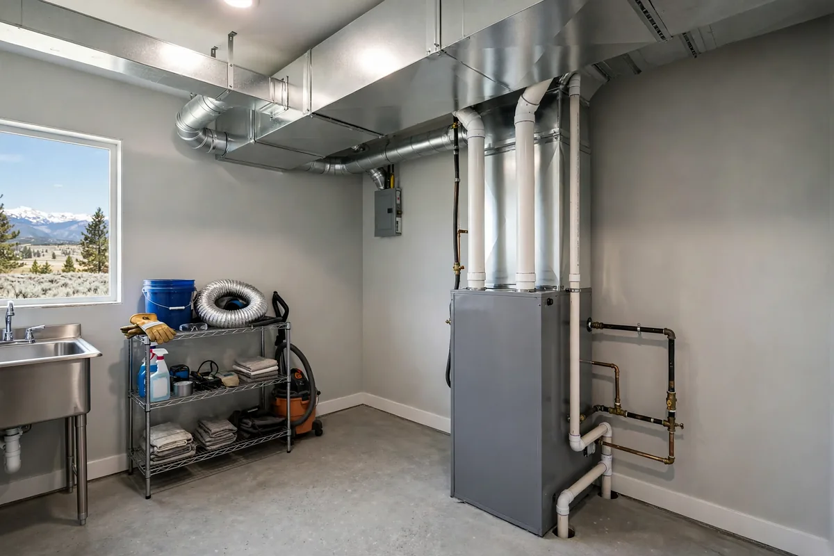 Homeowner and technician discussing an open furnace in a utility room