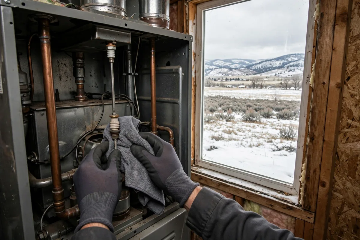 Gloved hands cleaning a furnace part beside an open furnace, snowy valley visible through the window