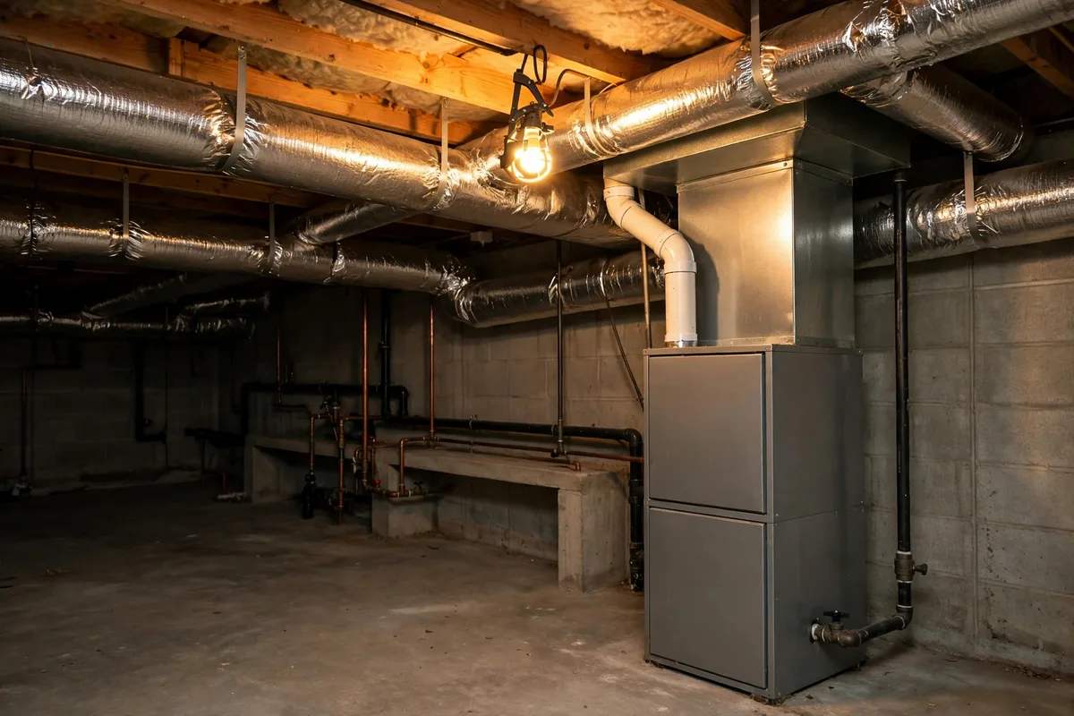 Metal ductwork and a furnace in a home basement under warm work light