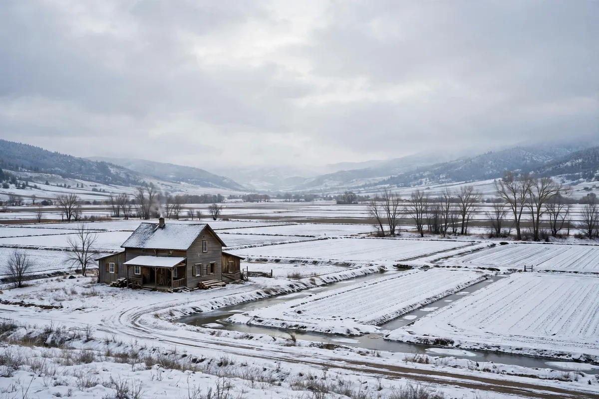 A farmhouse on open irrigated valley ground in winter snow