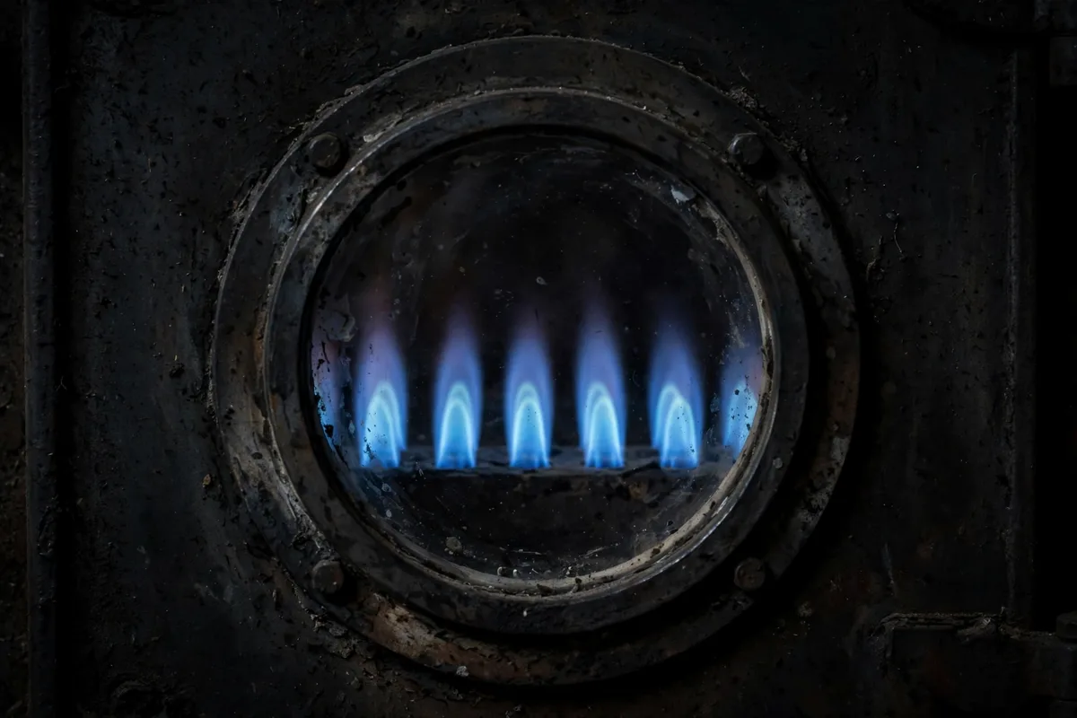 Steady blue burner flames seen through a furnace inspection window in Rock Springs
