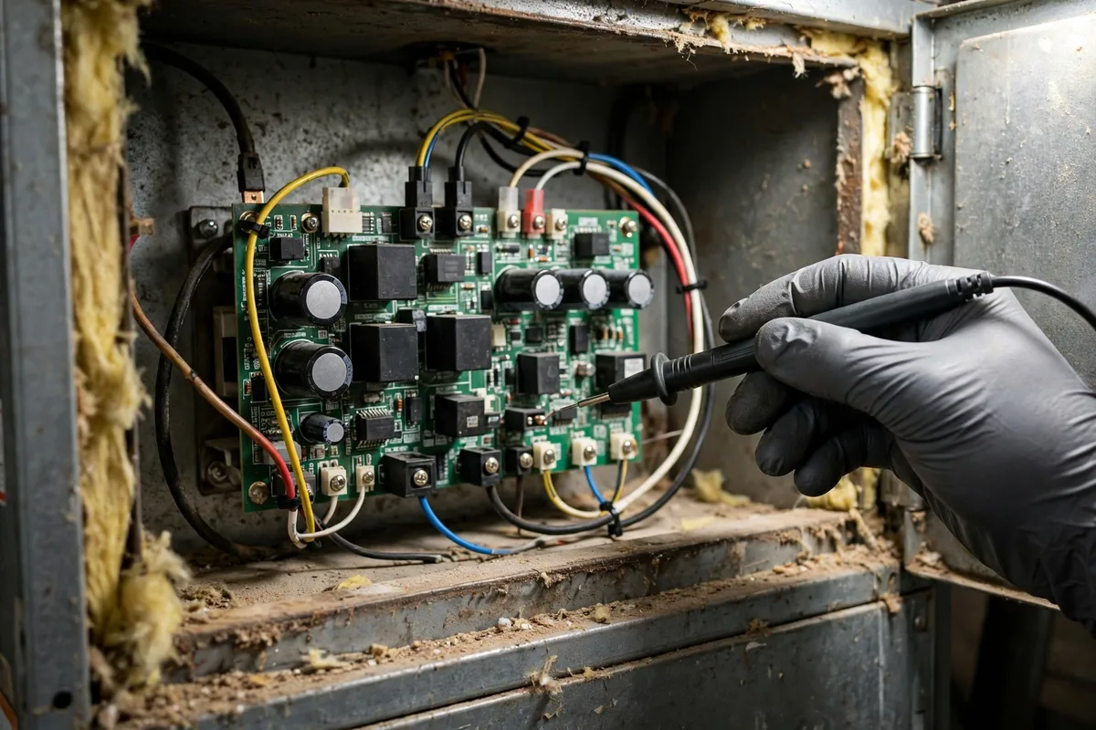 A gloved hand testing a furnace control board with a meter probe in Sheridan