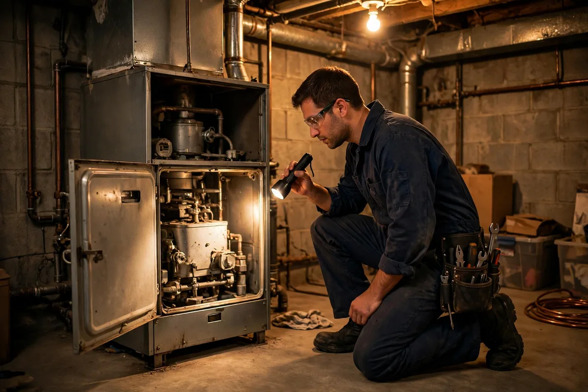 A technician kneeling with a flashlight beside an open furnace in a Sheridan basement