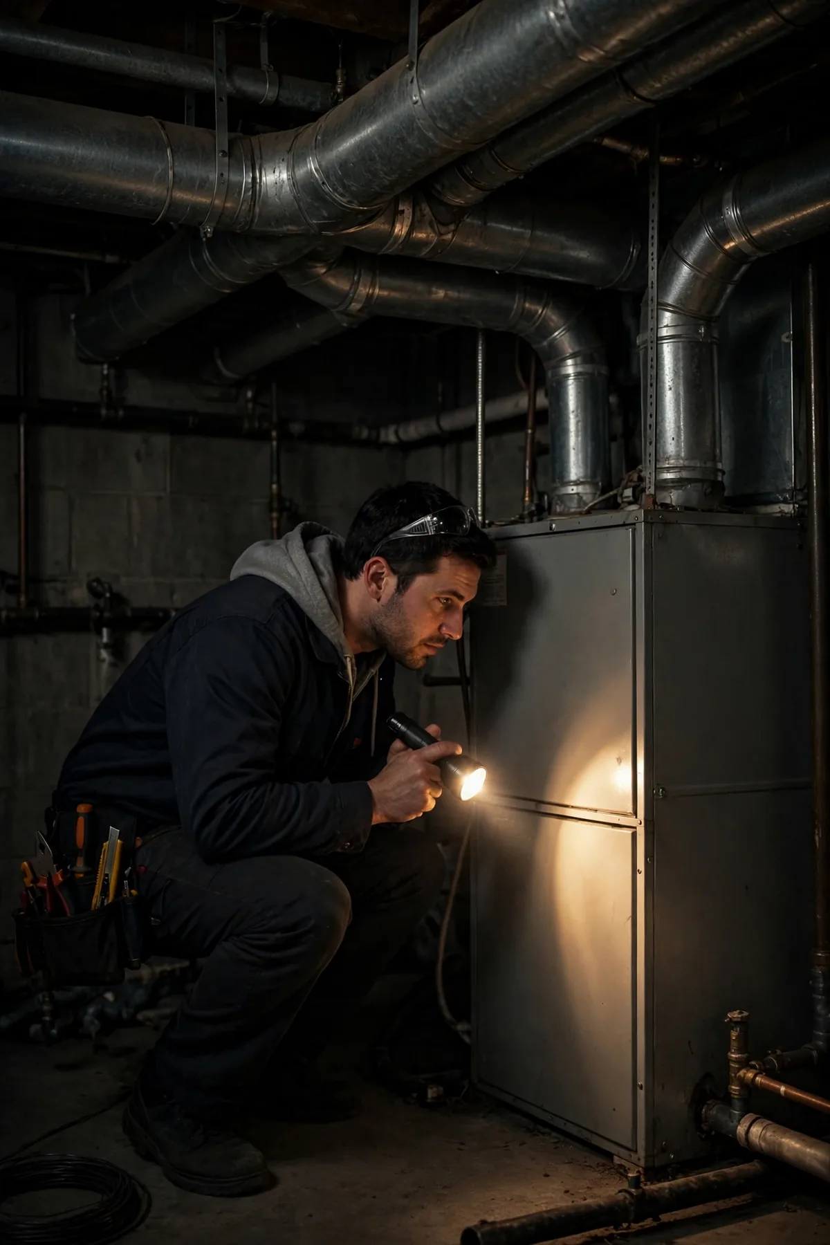 Technician shining a flashlight at a furnace under metal ductwork