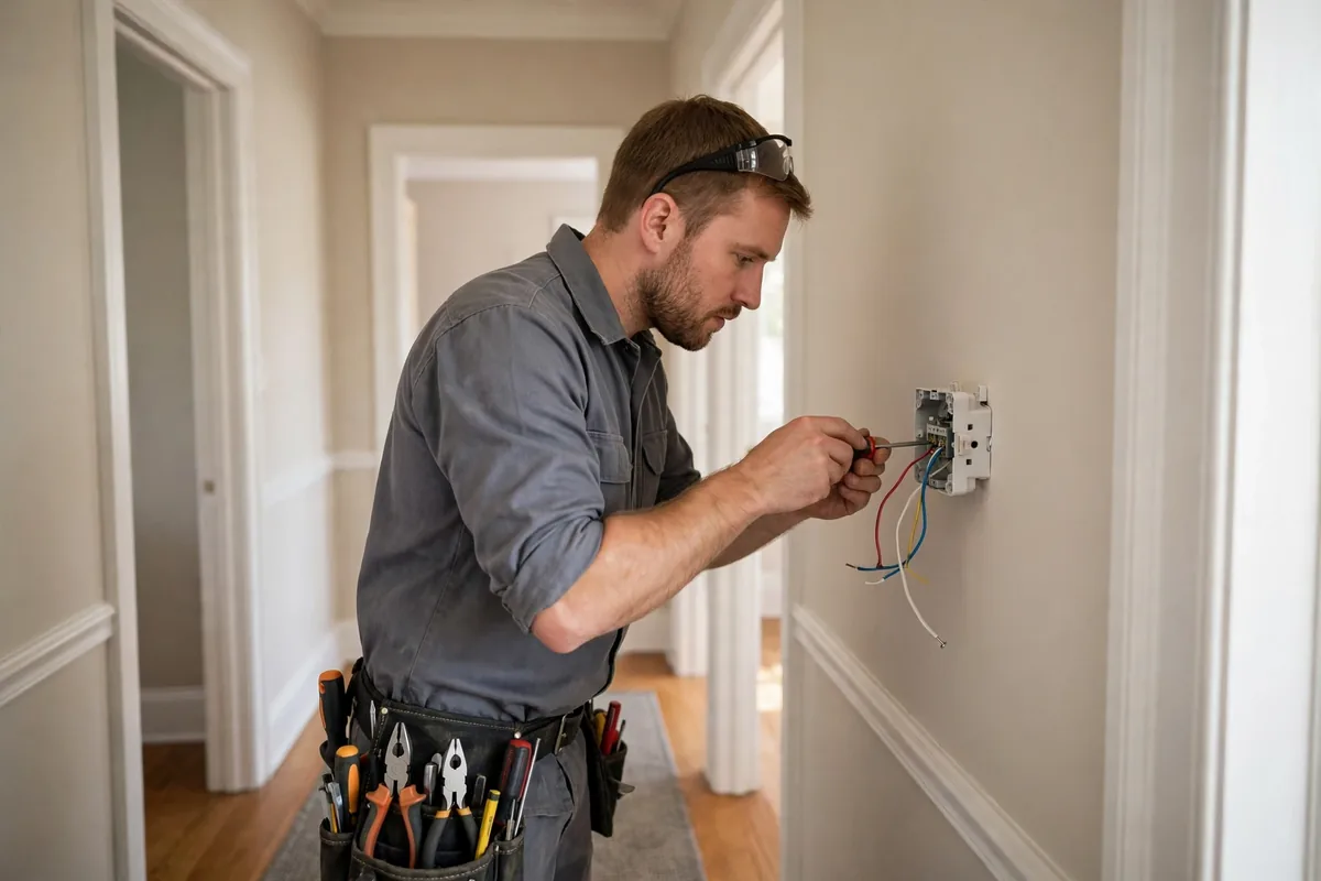 Technician wiring a new wall thermostat with a small screwdriver in a hallway