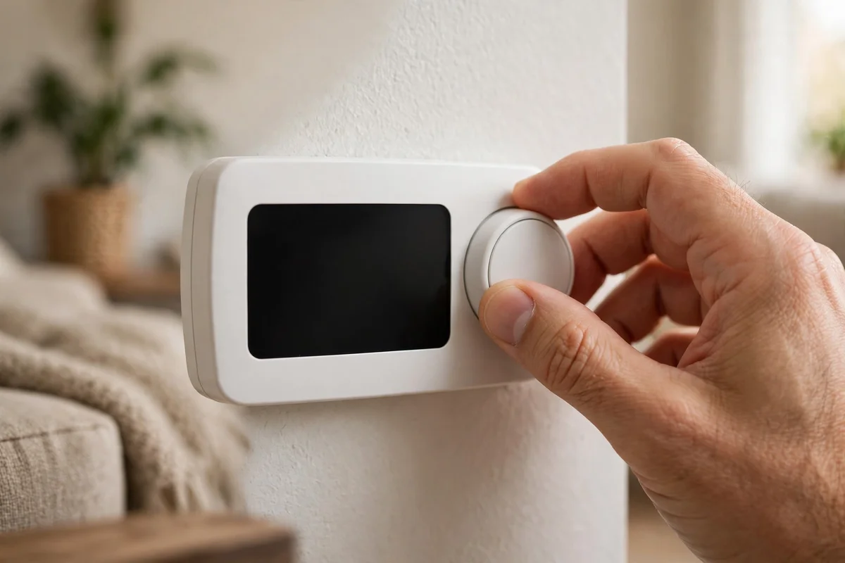 A hand adjusting a plain wall thermostat in a living room