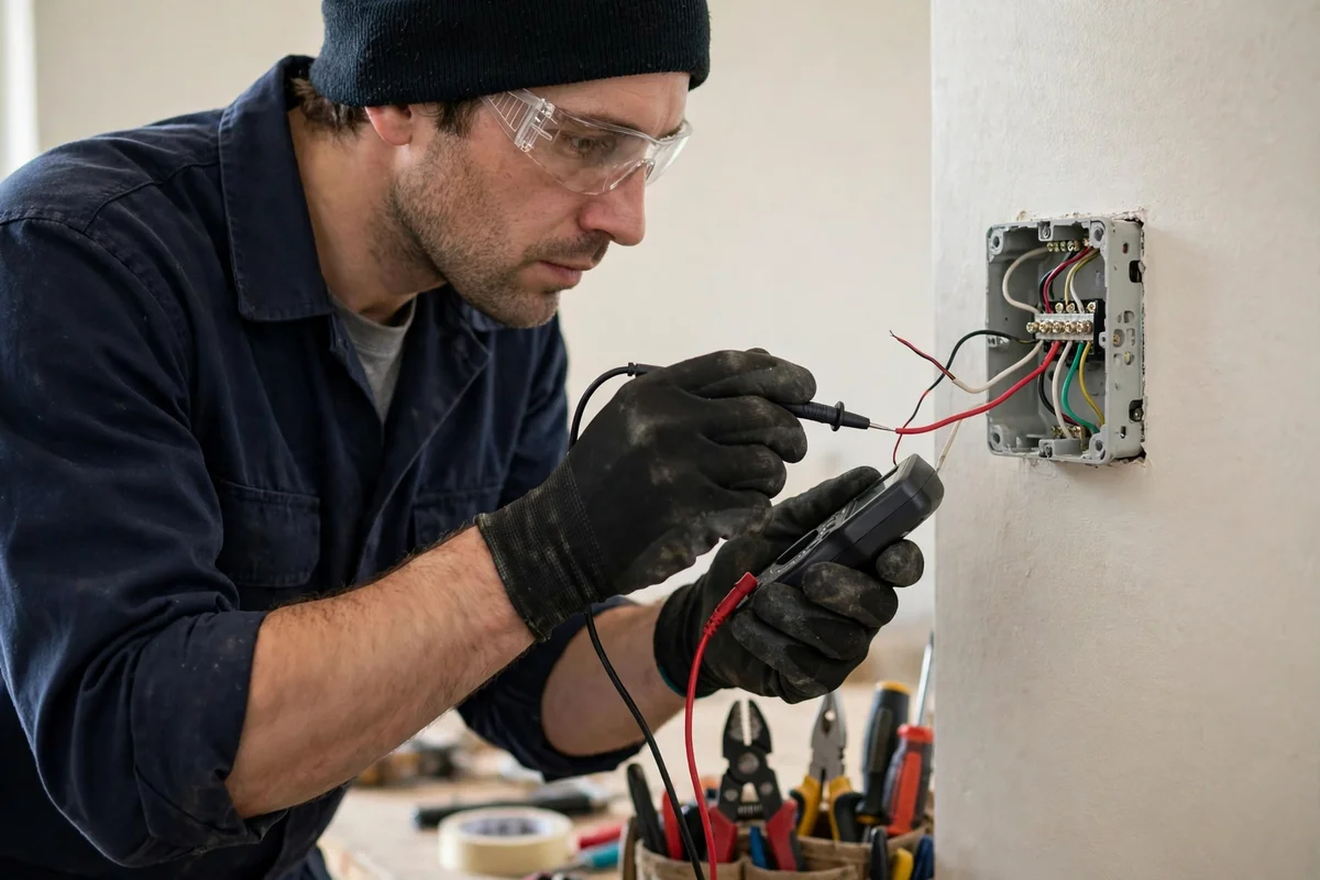 A technician testing thermostat wiring at a wall control with a meter