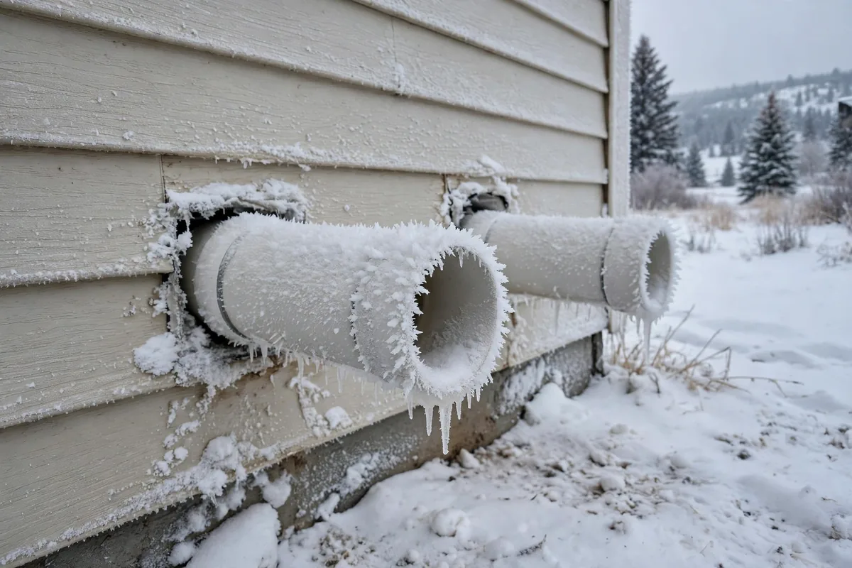 Frost-covered furnace vent pipes on the outside wall of a snowy house